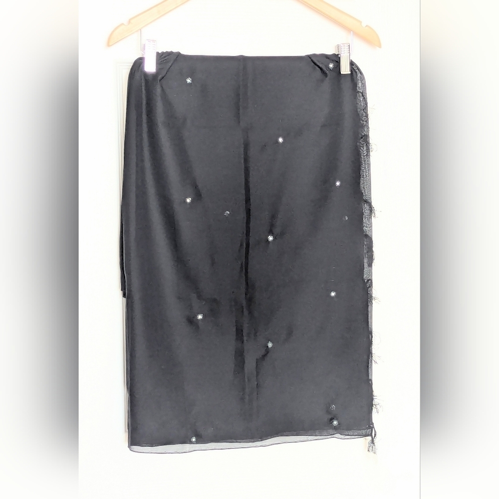 Women's Sheer Black Shawl Wrap Scarf w/ Fringe Edges & Shimmery Sparkly Accents